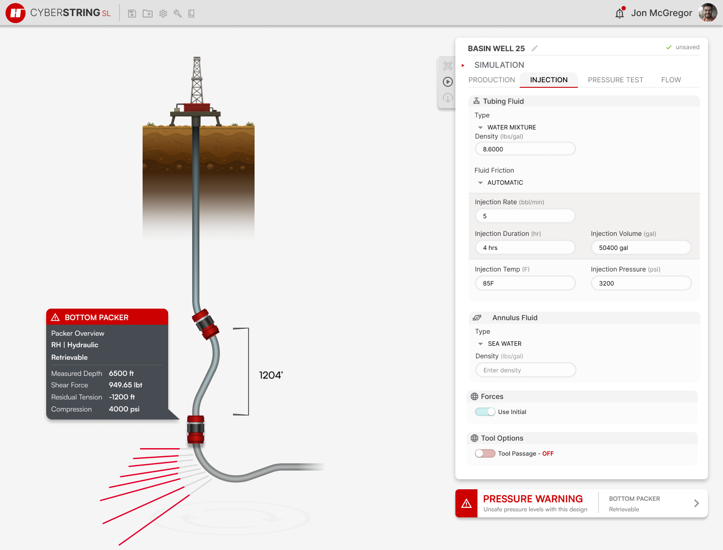 CyberstringSL recent upgrade: clean modern UI with simulation tabs, packer details, and a pressure warning over the 3D well