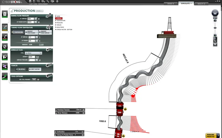CyberstringSL circa 2010: 3D well string with stress visualization and simulation input panels