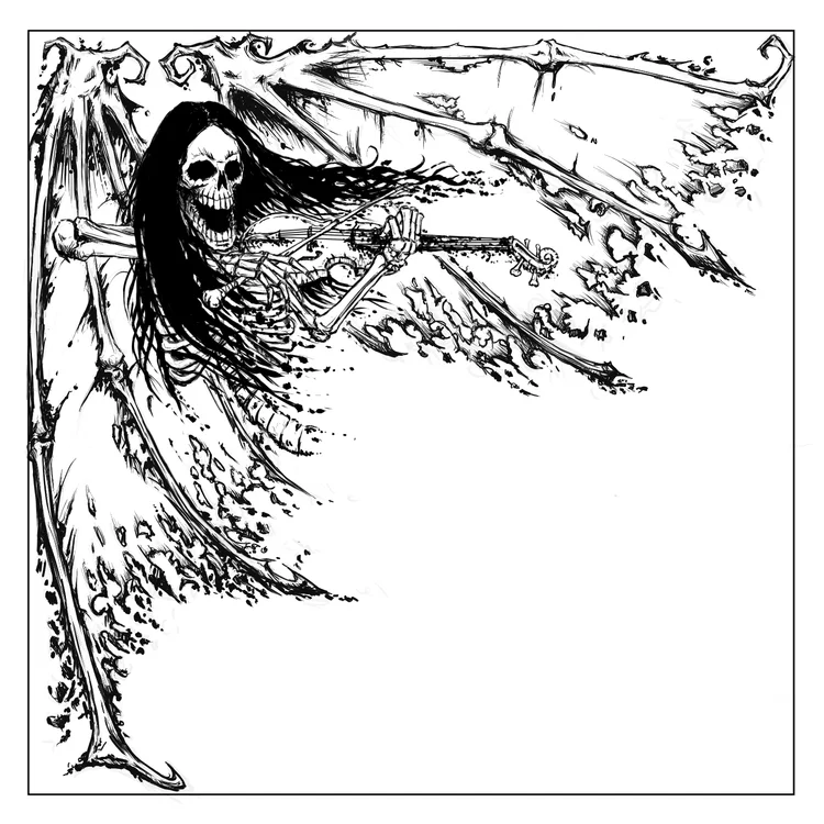Requiem: pen and ink skeleton violinist with bone wings