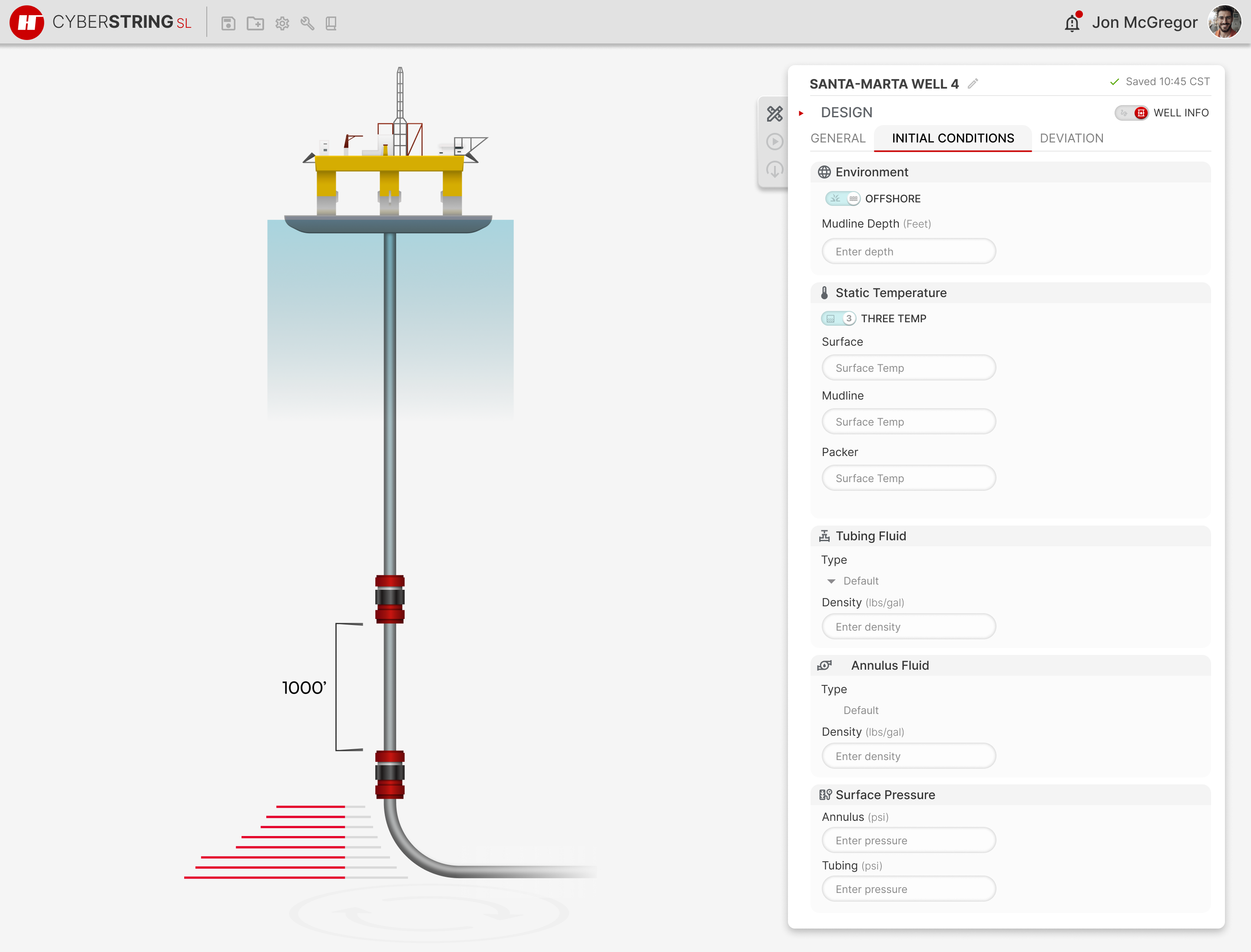 CyberstringSL recent offshore design view: simplified initial-conditions panel beside the 3D well