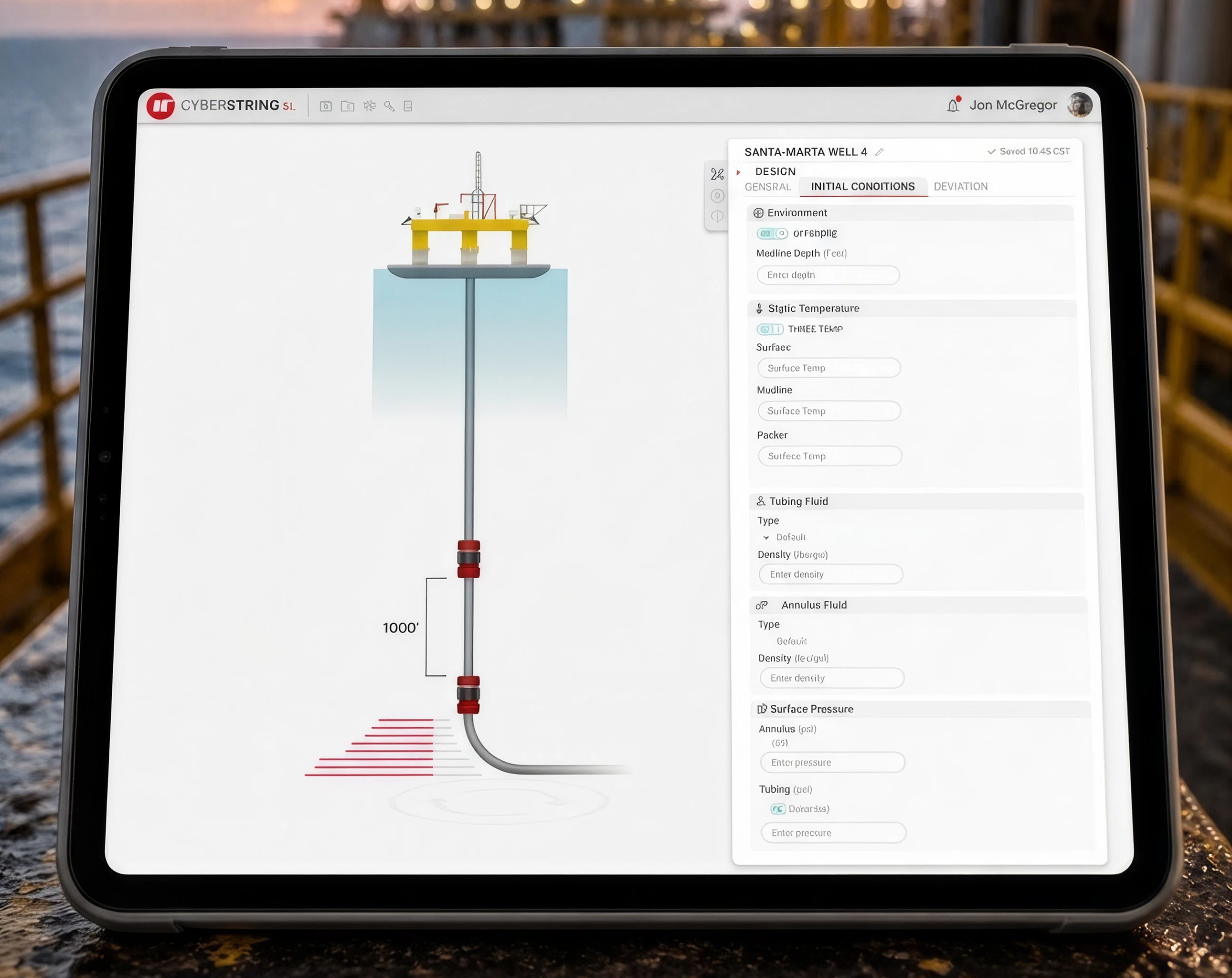 CyberstringSL running on a tablet at an offshore rig: 3D well visual beside initial-conditions inputs