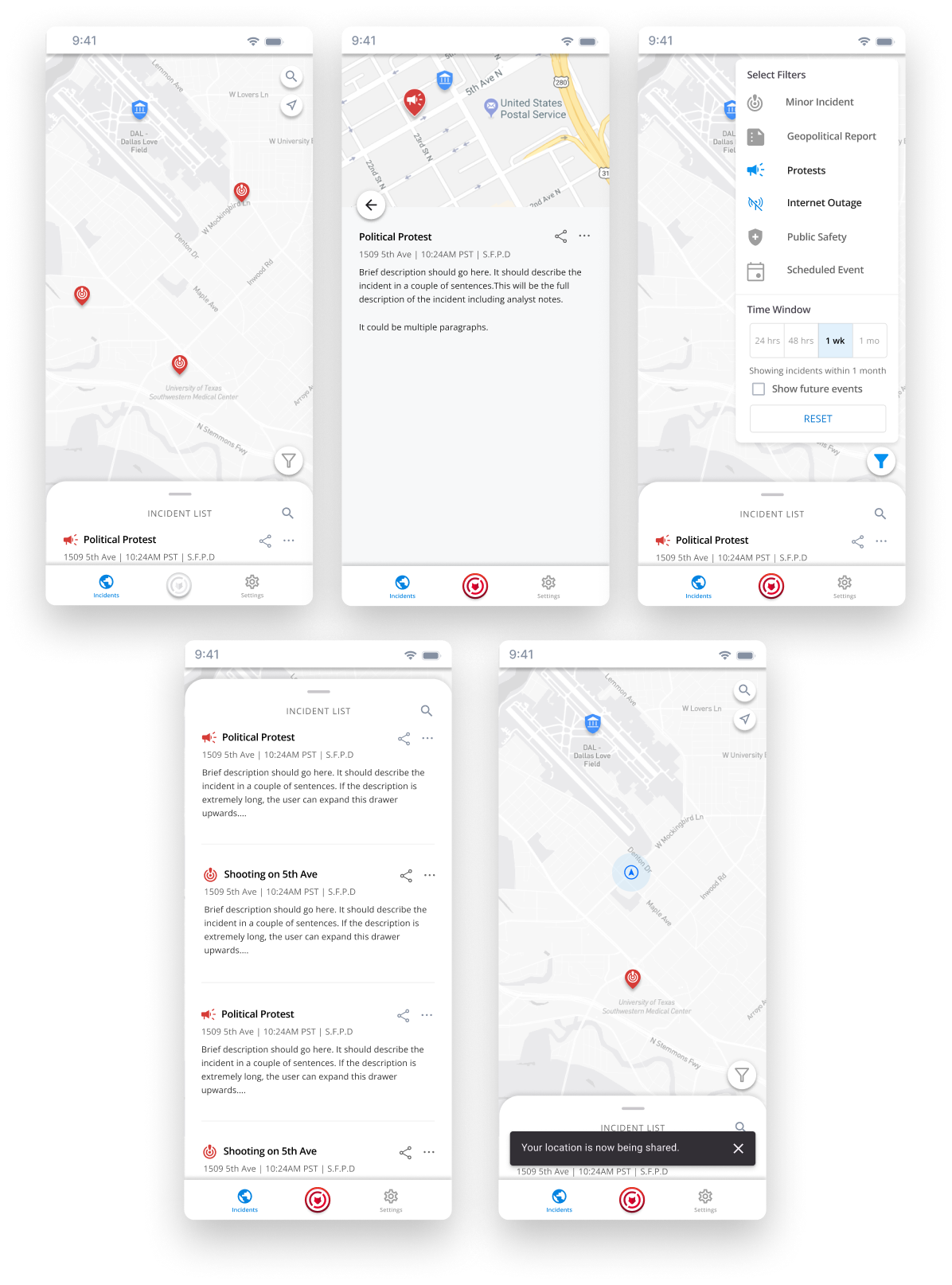 PSI mobile screens: incident map, verified incident details, filters, extended incident list and location sharing