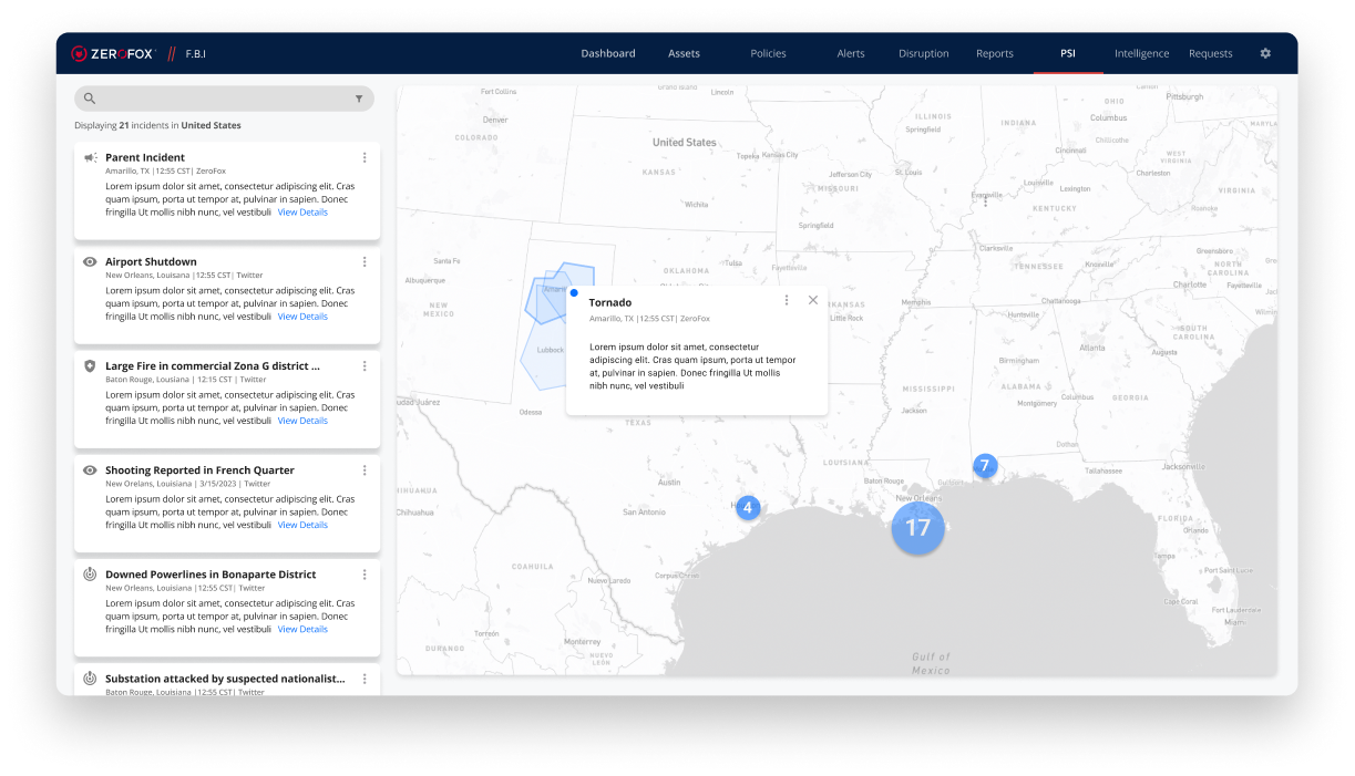 PSI desktop command-center view: regional incident map of Texas with persistent incident list