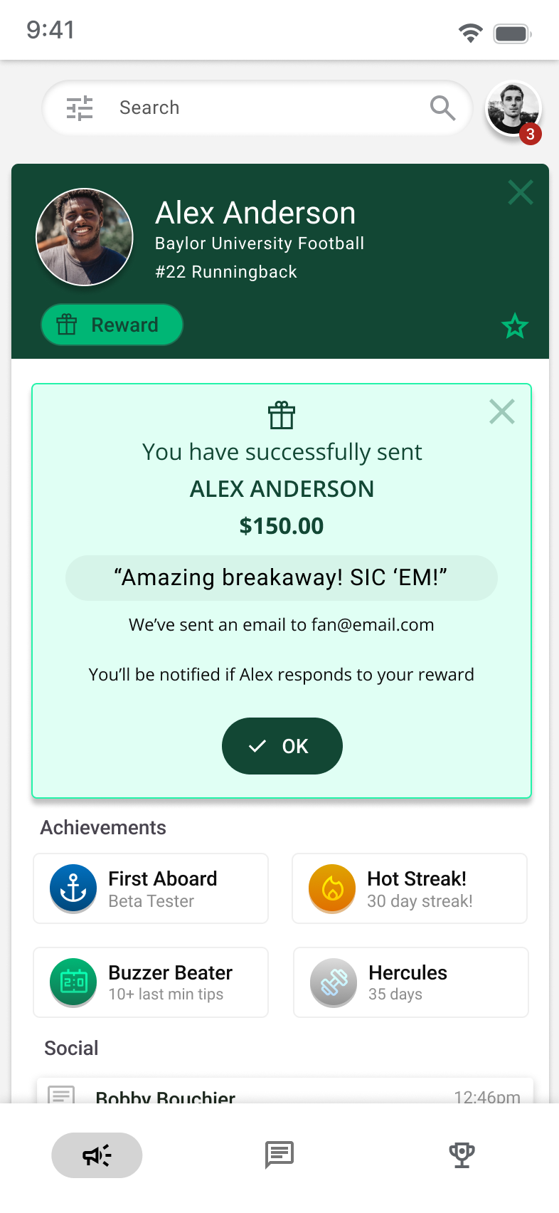 MVP confirmation: reward successfully sent to the athlete