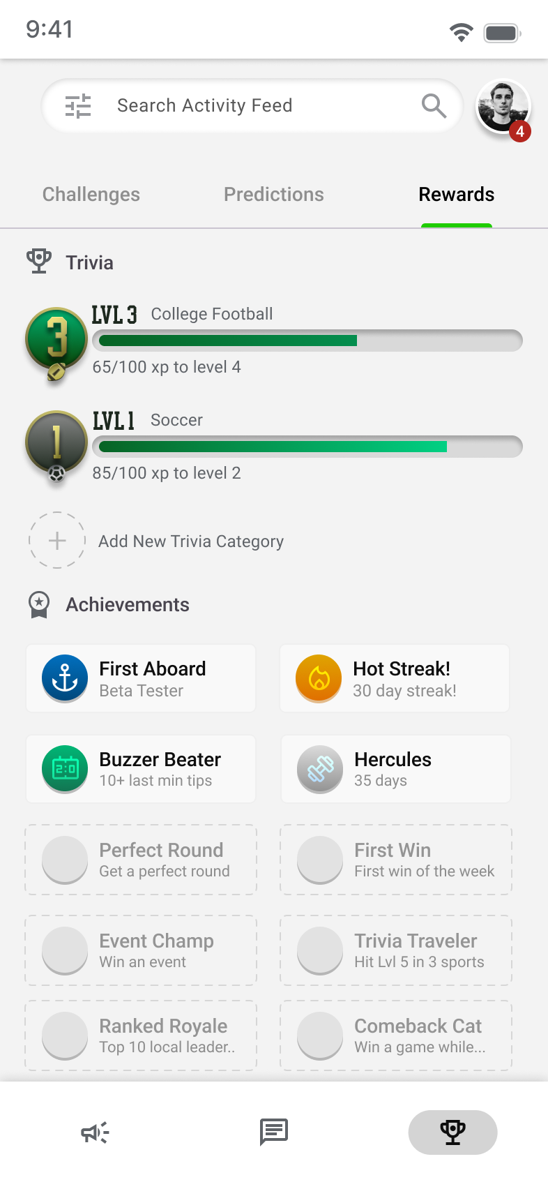 MVP rewards: trivia levels and achievement badges, earned and upcoming