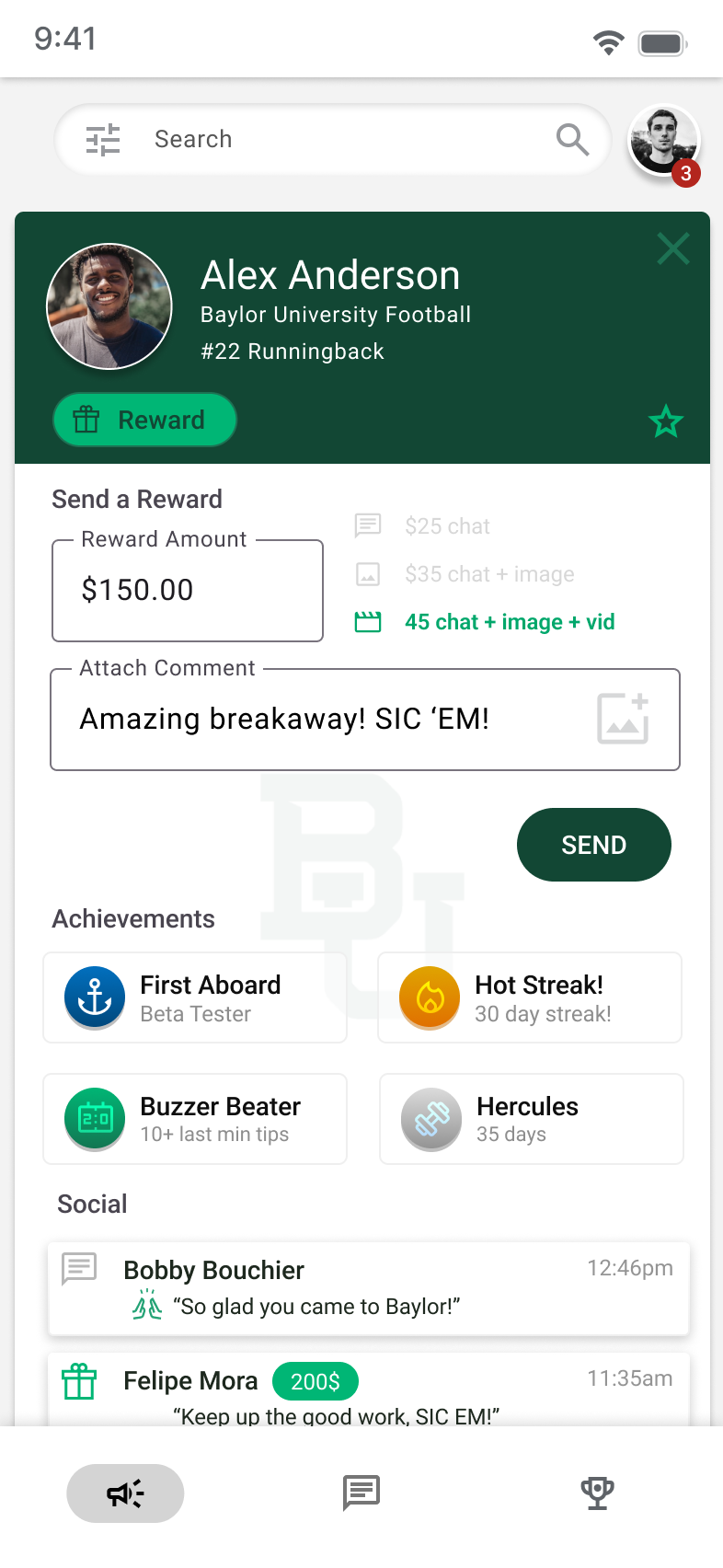 MVP reward flow: sending a tip with an attached comment to an athlete