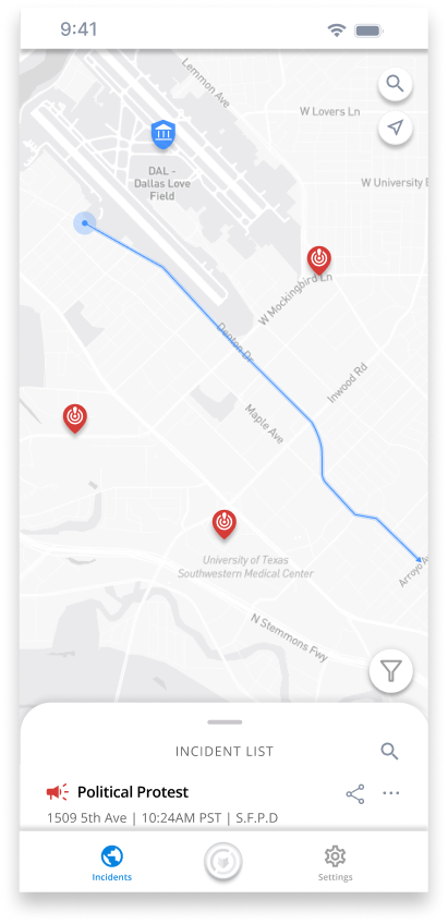 PSI mobile app: safe route mapped between verified incidents in Dallas
